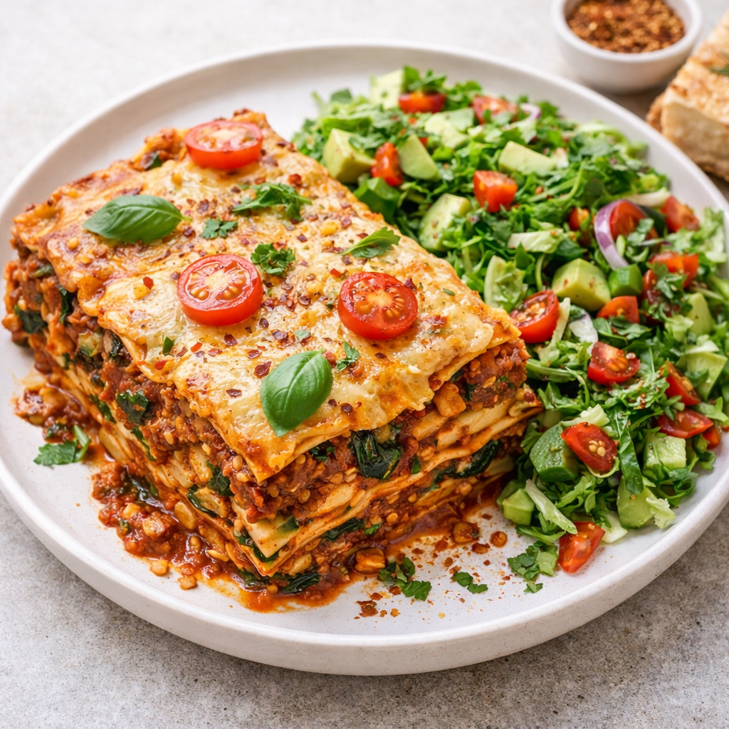 Lasagne med focaccia, aioli og salat