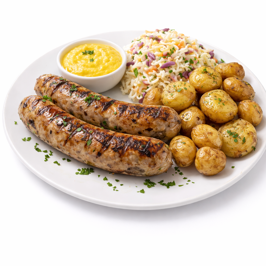 Pølse av soppgris med tilbehør