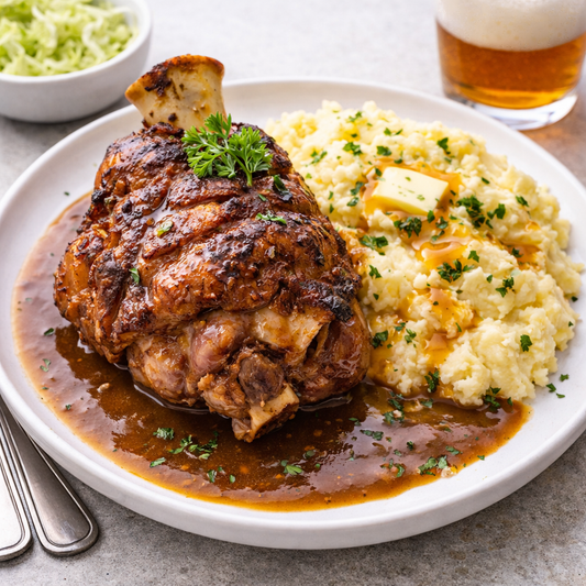 Grillet svineknoke med grønnsaker, ølsaus og potetmos